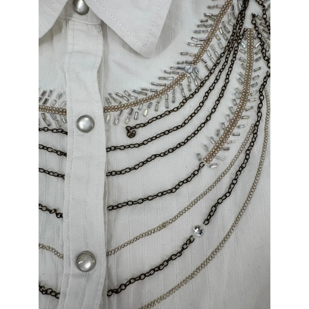 Y2K Reba Western Shirt Womens‎ Medium White Rhinestone Chain Cotton Pearl Snap
